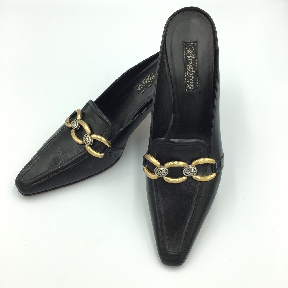 Brighton Genuine Leather pointed Mules Black TOSCA Italy Chain Slide Shoes Sz7.5